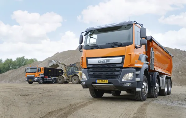 Picture orange, DAF, DAF, dump truck, loading, machinery, 8x4, Euro6