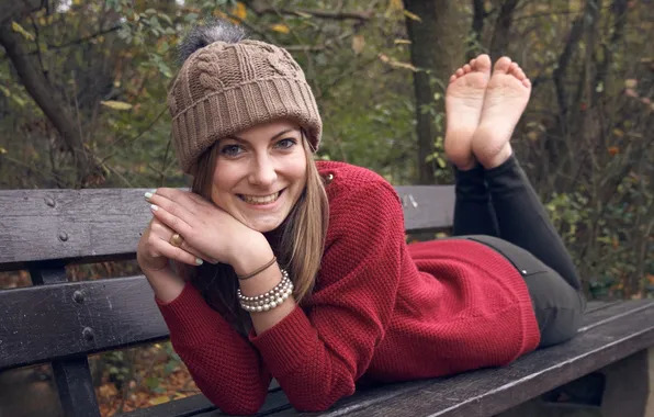 Autumn, girl, bench, smile, model, barefoot, lies, cap