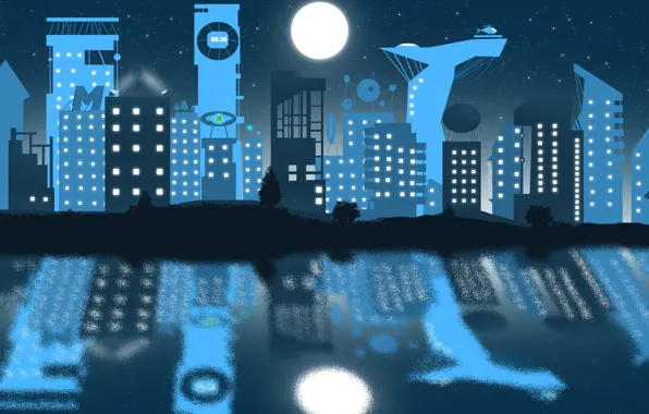 The city, future, river, fiction, technology, night city, evolution, hi-tech