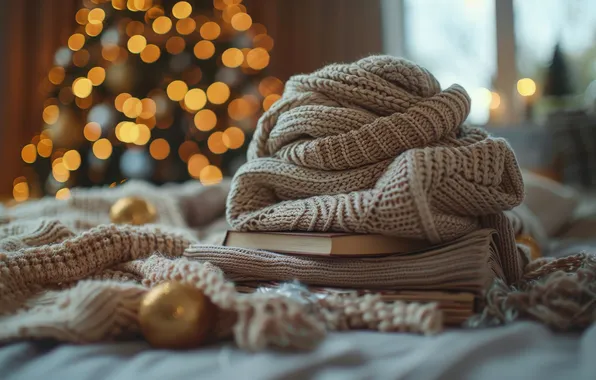 Balls, lights, comfort, heat, books, Christmas, bed, New year