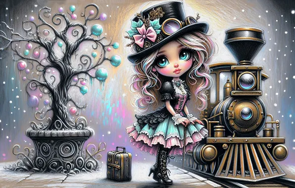 Winter, tree, station, train, the engine, hat, dress, the platform
