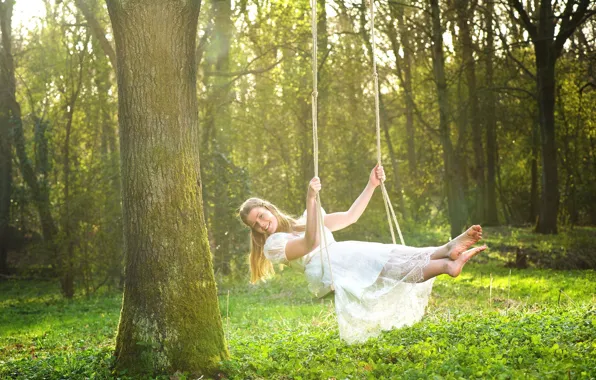 Picture greens, grass, girl, trees, nature, smile, background, swing