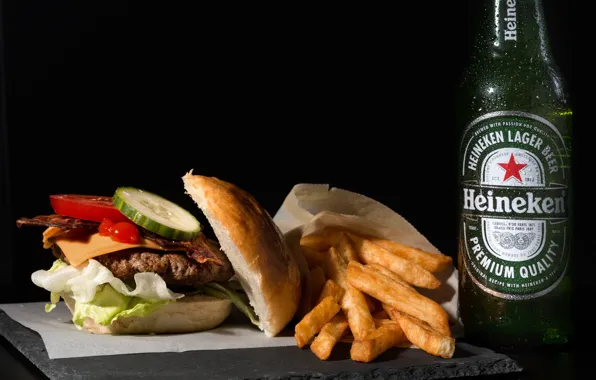 Picture bottle, beer, potatoes, Burger