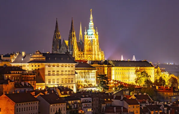 The city, the evening, Prague, Czech Republic, lighting, panorama, Cathedral, Prague Castle