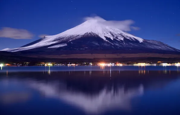 The sky, night, lights, lake, Japan, mount Fuji