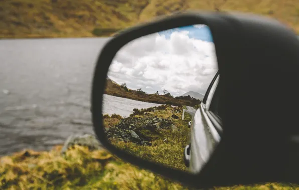 Road, machine, clouds, mountains, reflection, river, mirror, rear