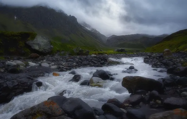 Fog, beauty, bad weather, mountain river, the flow of water, boulders, Alexey Kretov