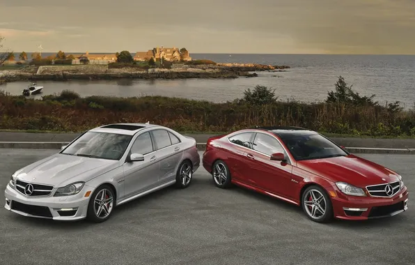 Picture the sky, water, house, coupe, Bay, horizon, sedan, mercedes-benz