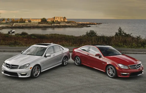 The sky, water, house, coupe, Bay, horizon, sedan, mercedes-benz