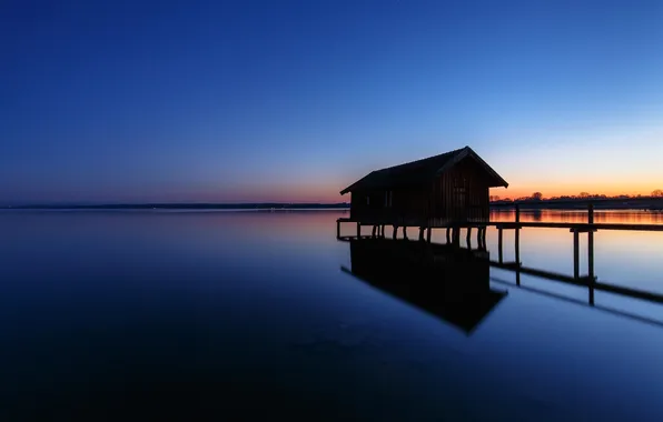 The sky, lake, the evening, boathouse