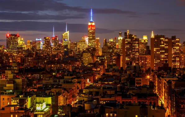 Clouds, night, lights, New York, horizon, Manhattan, The Empire state building, United States