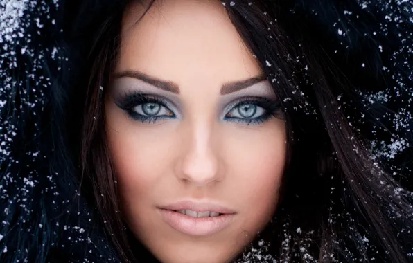Winter, eyes, look, girl, snow, face, eyelashes, makeup