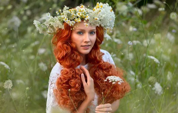 Look, girl, face, portrait, chamomile, makeup, red, curls