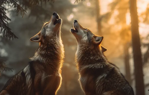 Forest, rays, light, branches, nature, pose, wolf, morning