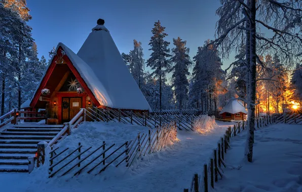 Winter, snow, trees, sunset, house, the fence, hut, ladder