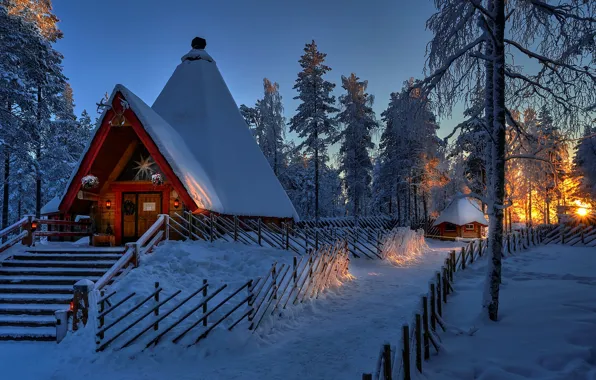 Picture winter, snow, trees, sunset, house, the fence, hut, ladder