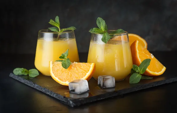 Ice, oranges, juice, glasses, still life, mint, slices, orange juice