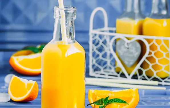 Picture bottle, ice cubes, orange juice, drink