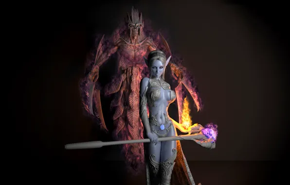 Girl, monster, MAG, staff, Dark elf