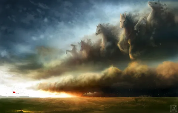 Girl, clouds, rays, rain, horses, storm, art, kite