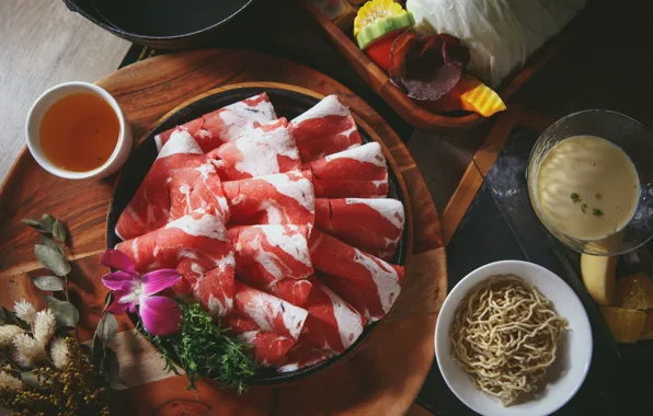 Flower, meat, cutting, noodles, sauces, Asian cuisine
