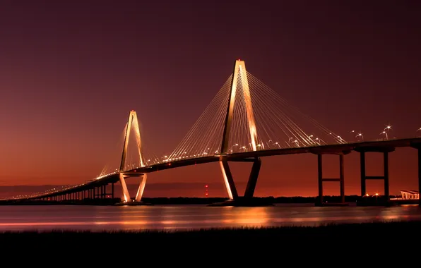Bridge, lights, river, bridge