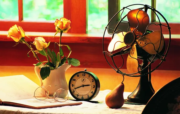 Picture BACKGROUND, FLOWERS, GLASSES, TABLE, WATCH, WINDOW, ROSES, WORKING