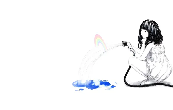 Water, girl, figure, rainbow, white background, hose, sitting, sawasawa