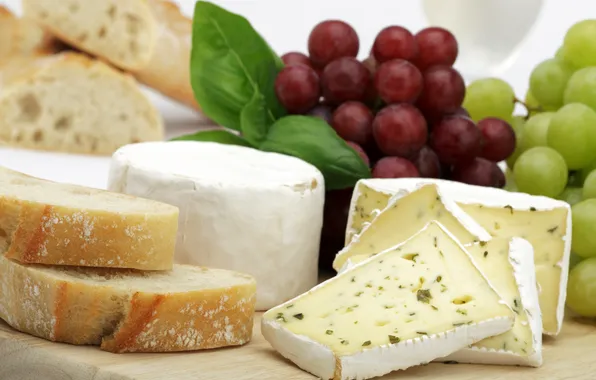 Picture cheese, bread, grapes, Board