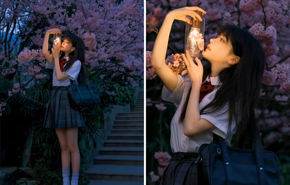 Dark, Light, Beautiful, Asian, Model, Tree, Flowers, Night