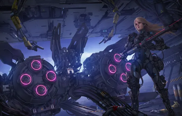 Picture girl, fiction, robot, blonde, the gun, cyborg