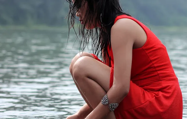 Girl, river, in red, the water