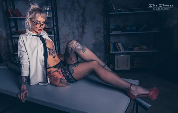 Chest, girl, pose, stockings, tattoo, glasses, tie, shoes
