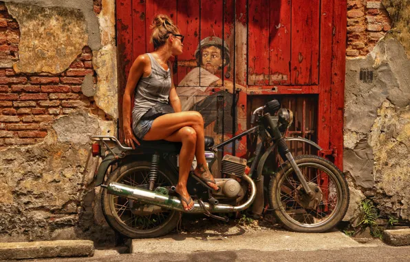 Picture girl, the city, figure, the door, art, motorcycle