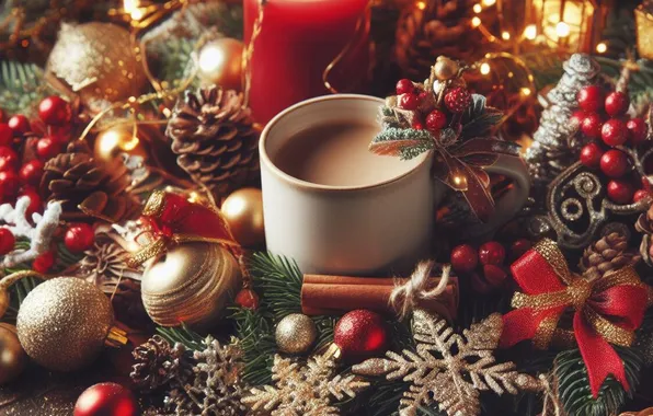 Balls, snowflakes, lights, berries, table, candles, Christmas, mug