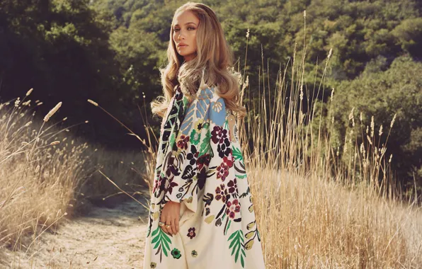 Picture look, girl, nature, pose, hair, singer, Jennifer Lopez, coat