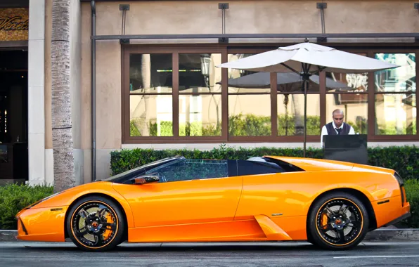 Picture orange, the building, people, Roadster, lamborghini, drives, murcielago, roadster