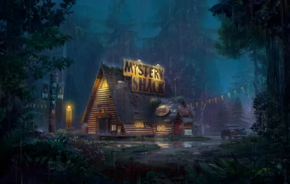 Forest, rain, home, car, Mystery Shack