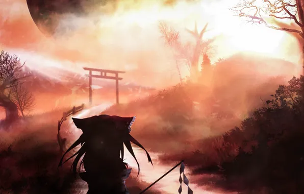 Road, girl, fog, torii, Touhou Project, Reimu Hakurei, by Akyuun