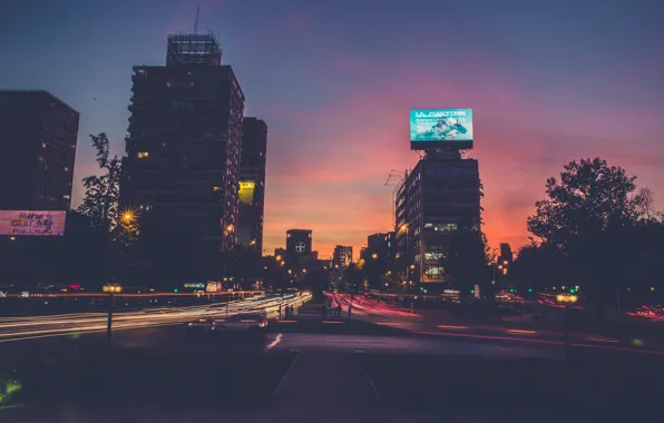 Cars, sundown, traffic, buildings, Santiago, Chile, long exposure