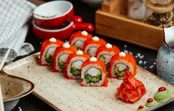 Crab, cucumber, figure, sauce, caviar, sushi, rolls, wasabi