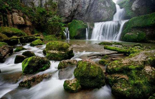 Picture water, stones, waterfall, moss
