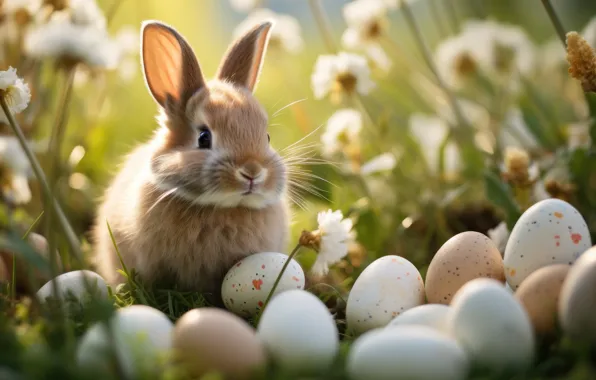 Look, light, flowers, nature, holiday, glade, hare, eggs
