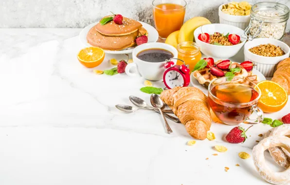 Berries, tea, Breakfast, juice, pancakes, waffles, muesli