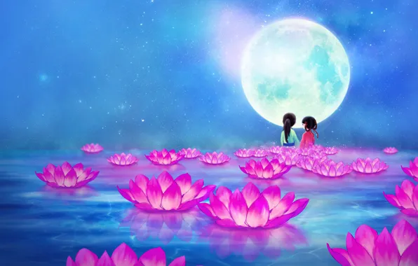 Picture water, night, lake, the moon, silence, anime, art, Lotus