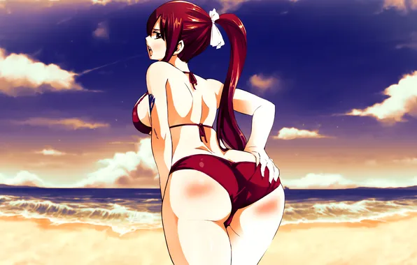 Girl, sexy, ass, cleavage, beach, sky, red hair, long hair