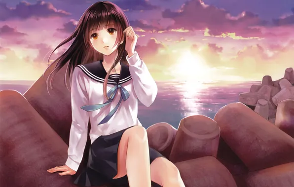 Sea, look, girl, the wind, schoolgirl, art, fukahire sanba