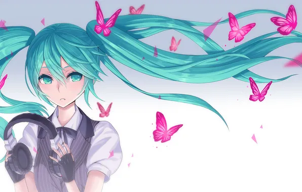 Girl, butterfly, hair, headphones, art, vocaloid, hatsune miku, Vocaloid