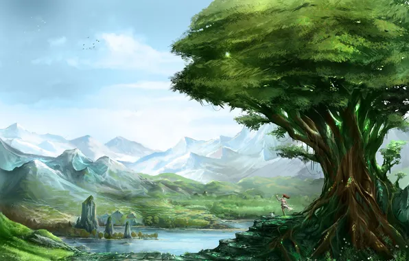 Greens, girl, landscape, mountains, lake, tree, rocks, art