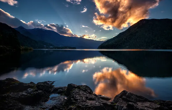 Forest, the sky, sunset, mountains, clouds, lake, Olympic National Park, Aurora Ridge
